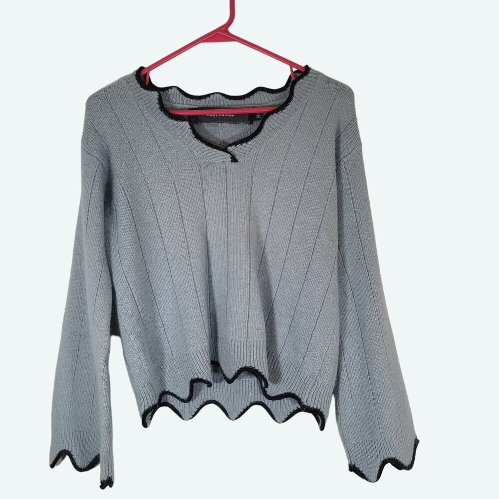 Code X Mode Angora Blend Scalloped Hem V-Neck Cropeed Sweater Light Blue XS